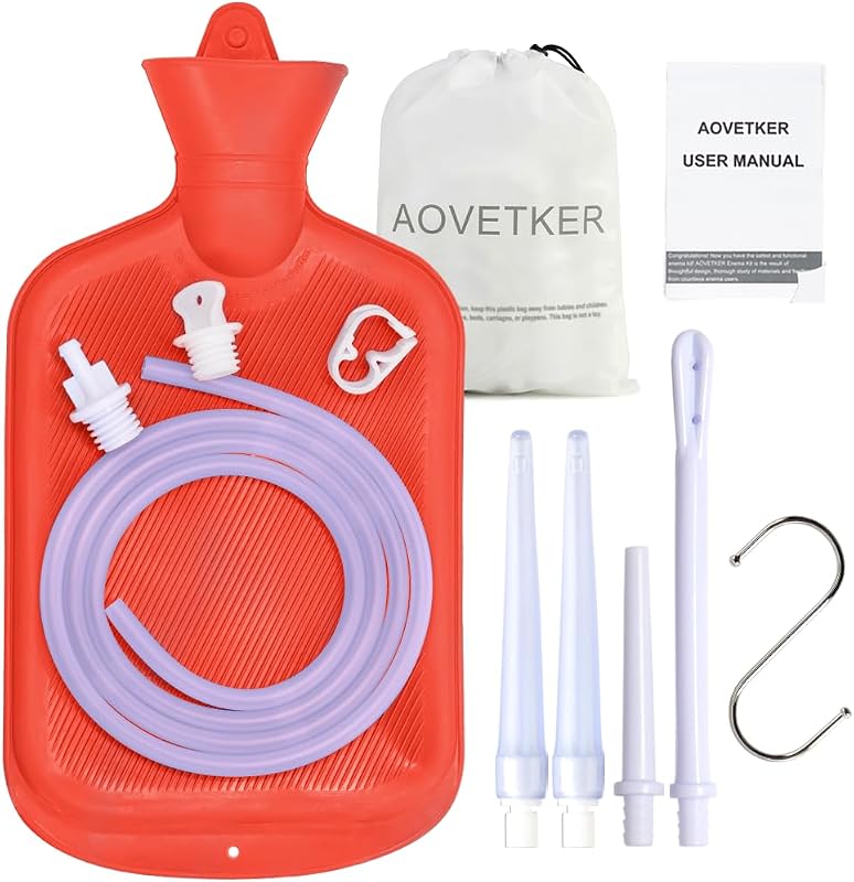 Enema Bag Kit – 2L with 4 Tips | 5ft hose, clamp, hook and storage bag. Home colon cleanse with water/coffee. Complete kit for women and men.