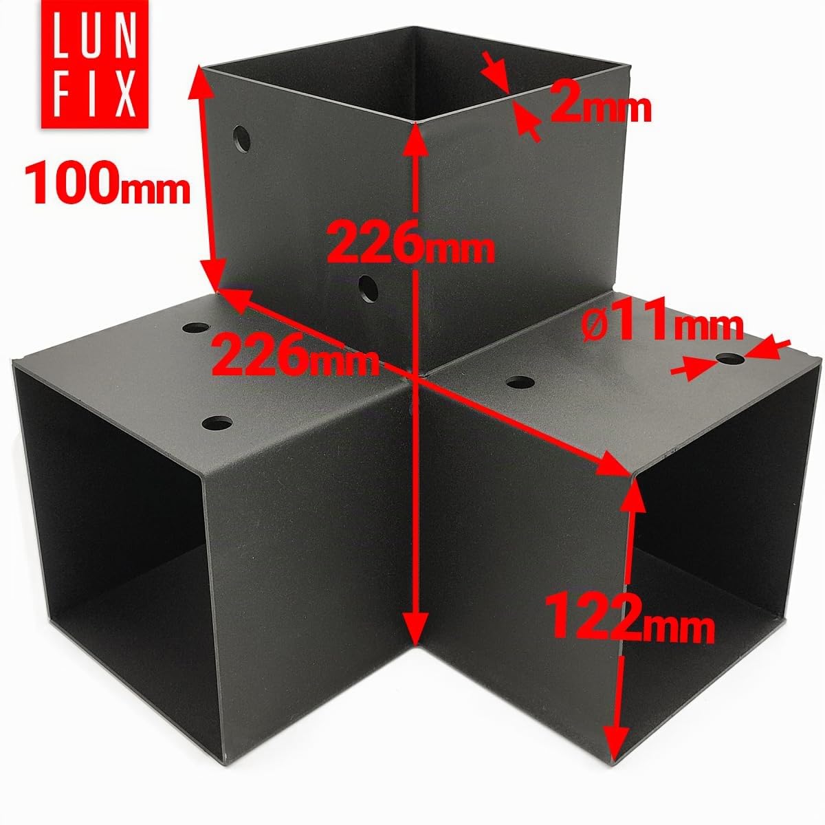 Schrauben 120x120 8x40mm 122x226x222x2 mm Stahl verzinkt | schwarz pulverbeschichtet, Y-Verbinder, Pfostenverbinder, Holzverbinder, Pfostenträger, Eckverbinder für Pergola, Carport