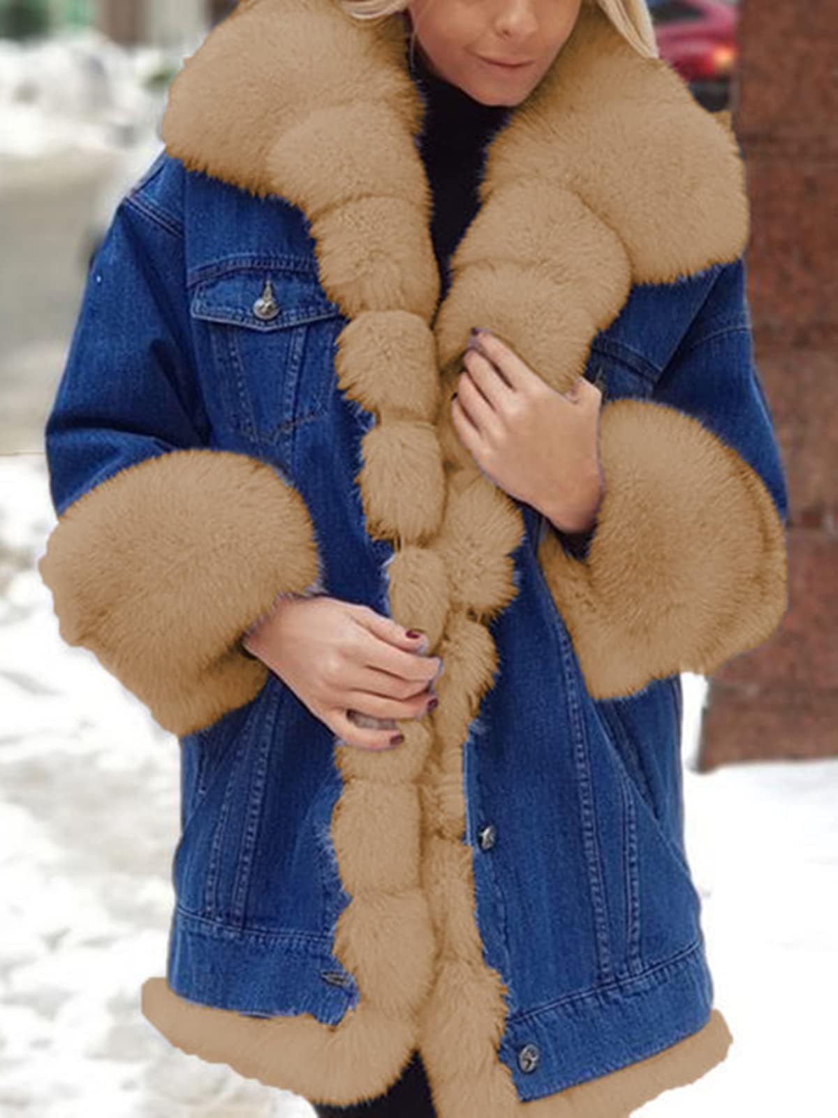 Abrigo de Piel sintética para Mujer, Chaqueta Gruesa de Invierno de Mezclilla, Chaqueta Informal de Talla Grande, Abrigo al Aire Libre, Parka