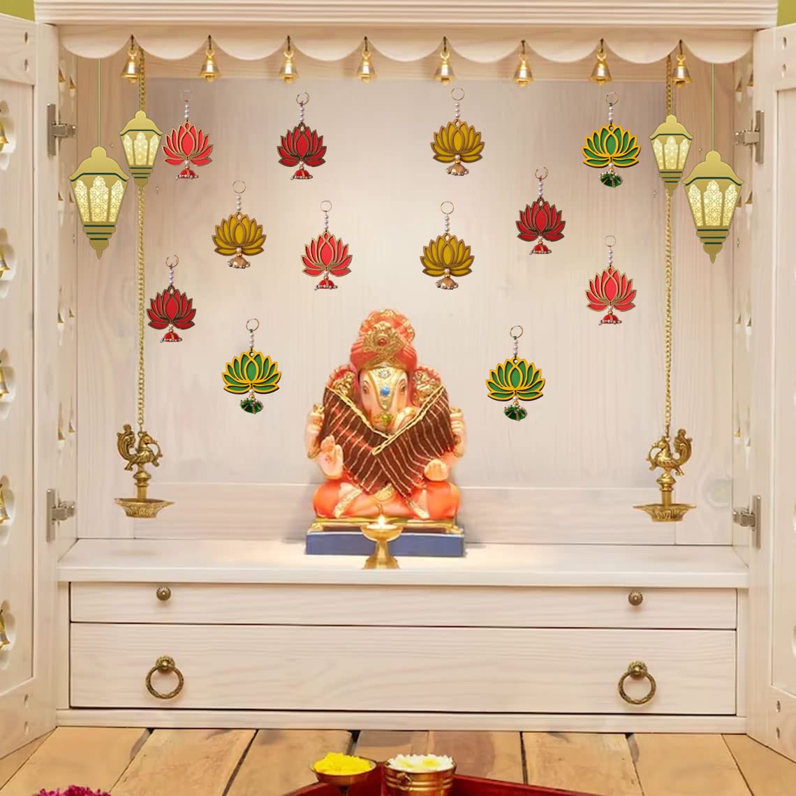 Divyakosh MDF,Velvet Handmade Wall Decor Lotus With Jhumki Style(12 PCS-Multi Color). Hanging For Home Decor,Wedding & All Festival Decoration Double MDF Lotus For Temple/Pooja Decor