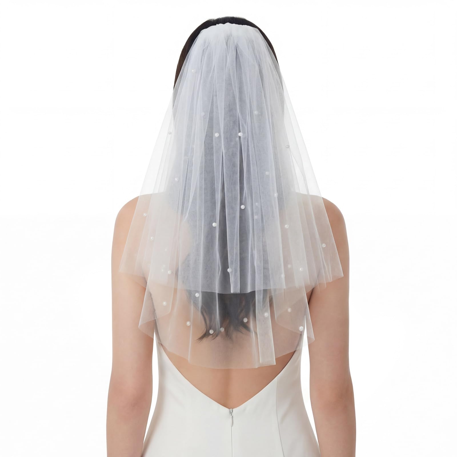 Bride Veil, Short White 22.4 Inch Bachelorette Veil With Pearls - Elegant Tulle Comb Hold, Bridal Bridesmaid Gift for Women and Girls