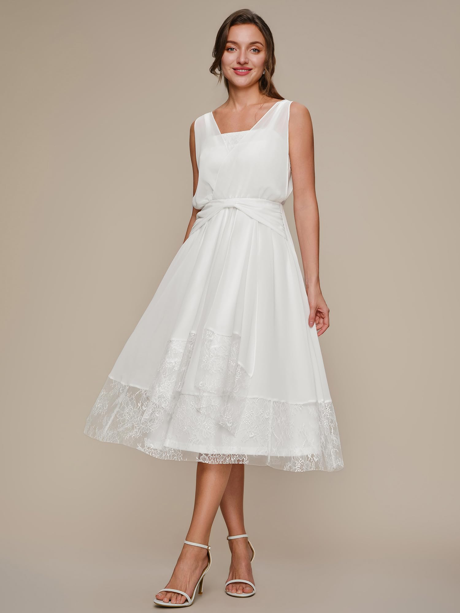Ever-Pretty Robe de Soirée Midi en Mousseline Col V sans Manches Dentelle A-Ligne EG02746