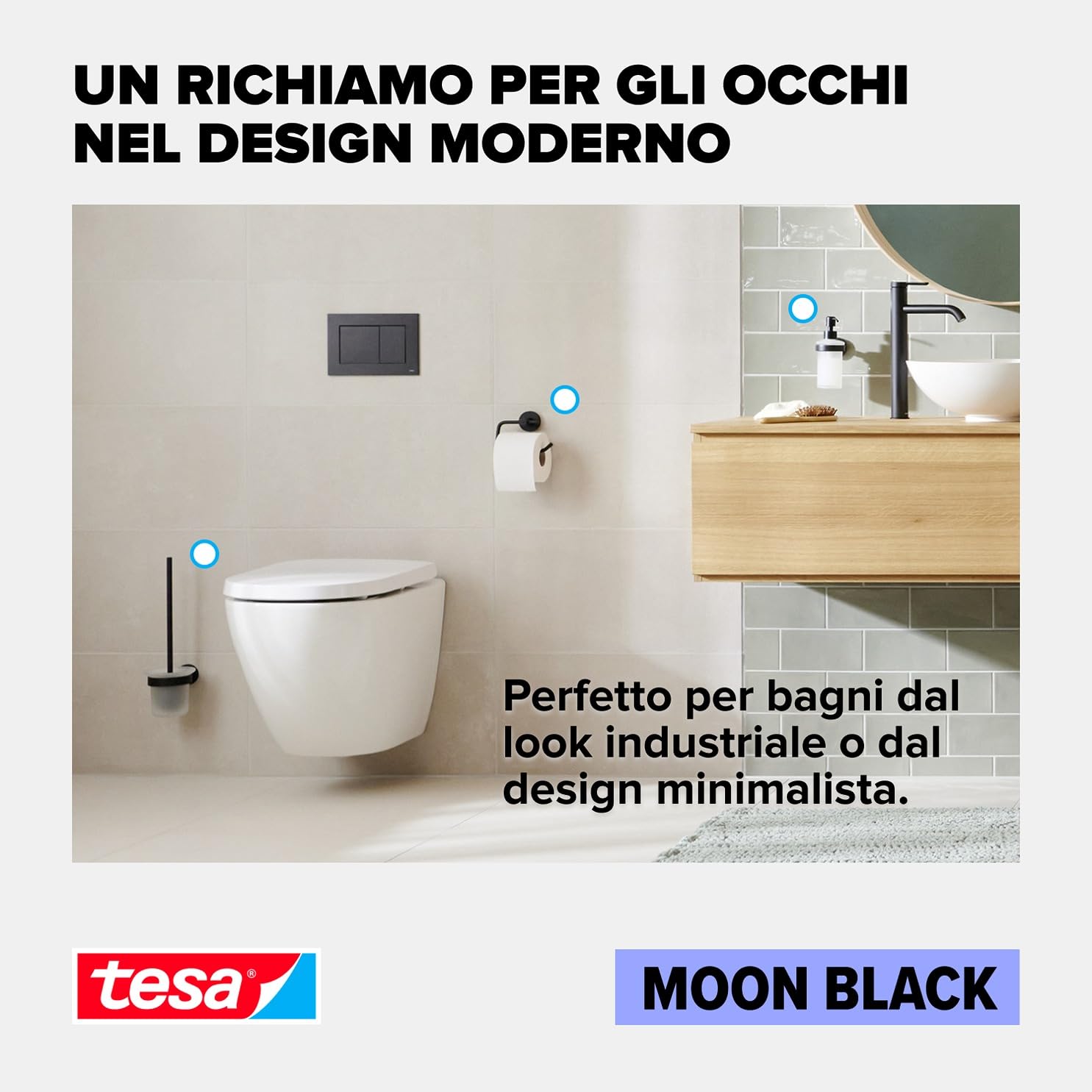 Tesa Porta asciugamani ad anello MOON BLACK, look Nero opaco, autoadesivo, tecnologia di montaggio adesiva, 53 mm x 184 mm x 130 mm