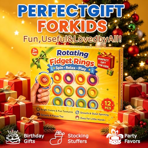 Fidget Rings for Kids, 12 Pack Rotating Finger Spinner Rings, Fidget Toys | Quiet Classroom Fidgets, Rotating Sensory Toys,Stress Relief Toys,Stocking Stuffers for Kids, Birthday Gifts and Party Favors - image 7