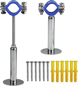 2PCS 304 Stainless Steel Wall Mount Ceiling Mount Pipe Supports, Adjustable Pipe Strap Clamp with screws for OD Pipe 38-40mm, Adjustable Height 100-200mm