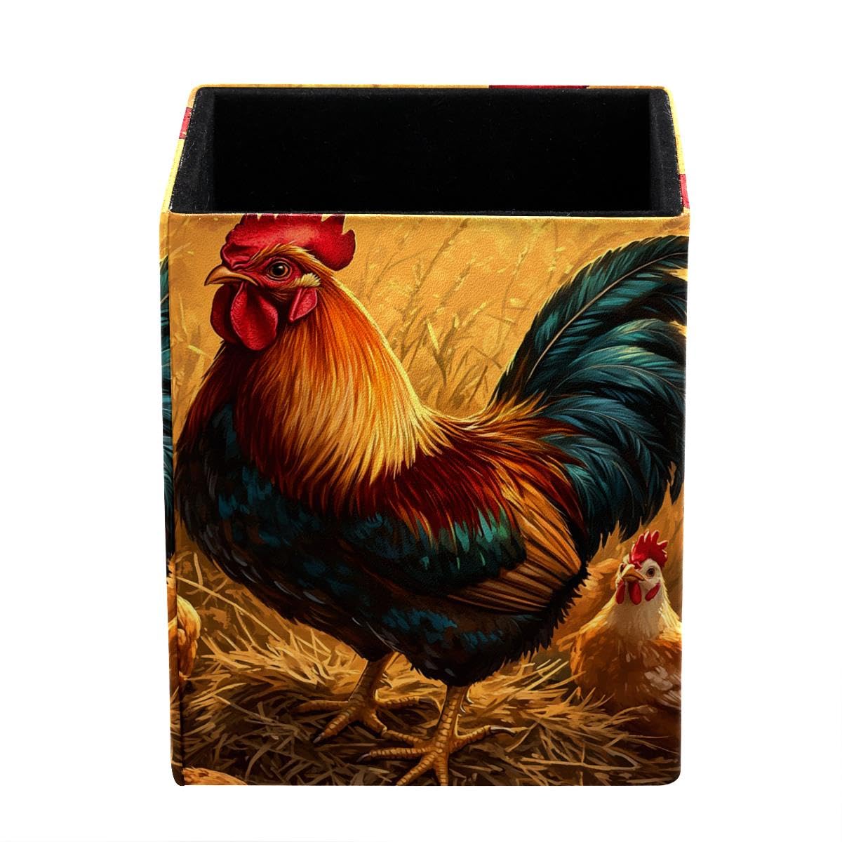 HEOEH Fram Rooster Pen Holder Pen Pot, Square Pencil Cup for Desk