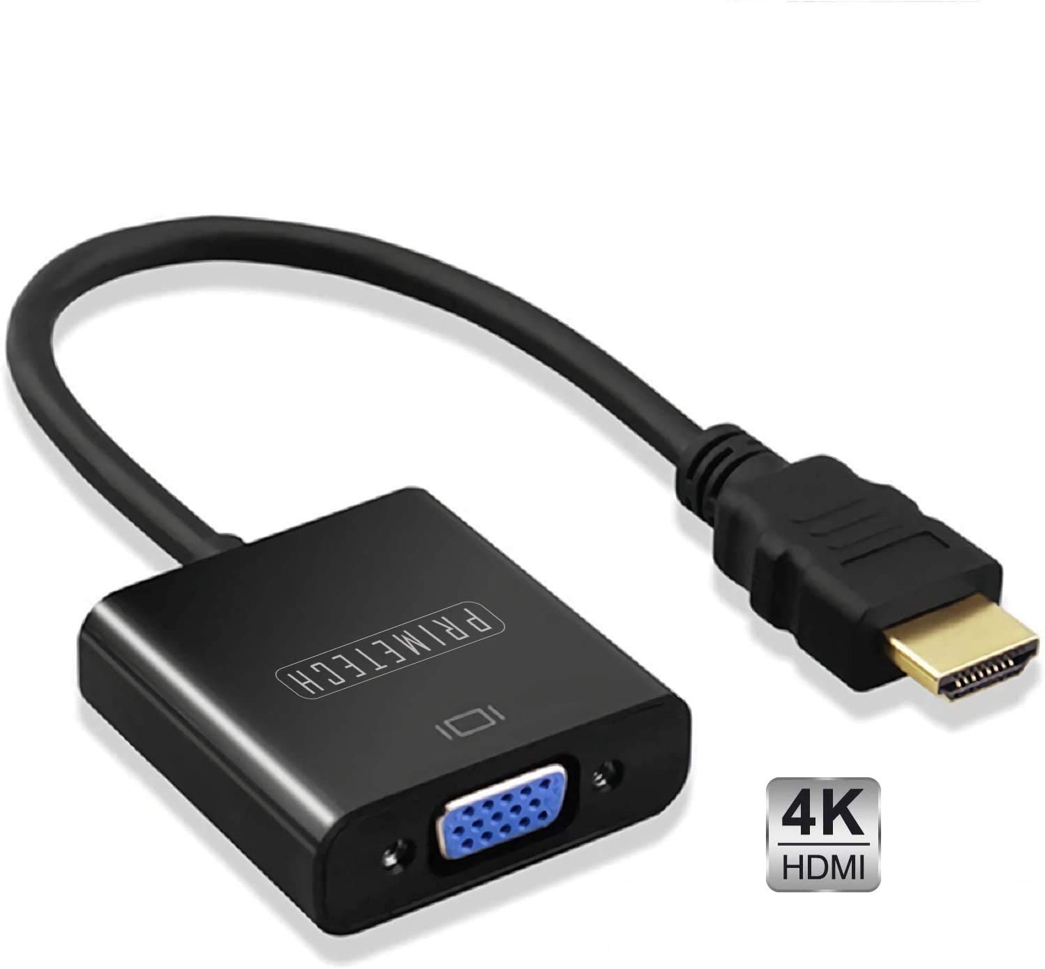 Primetech HDMI to VGA, Gold-Plated HDMI to VGA Adapter (Male to Female) for Computer, Desktop, Laptop, PC, Monitor, Projector, HDTV, Chromebook, Roku, Xbox and More - Black