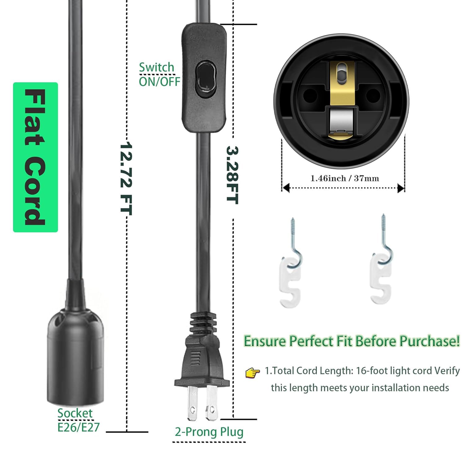Hanging Pendant Light Cord - Light Bulb Socket with Cord E26/E27 Plug in Light Socket, Extension Hanging Lantern Cord with On/Off Switch, 16Ft, Black, 1 Pack