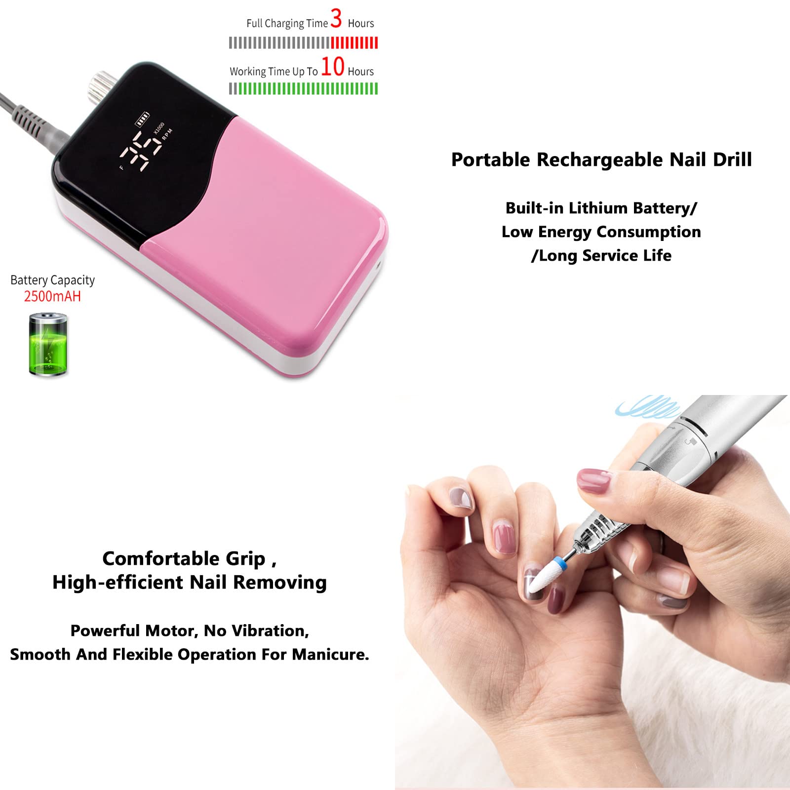 Taladro De Uñas Eléctrico De 85 W, 35000 Rpm, Taladro De Uñas Eléctrico Portátil Profesional, Máquina De Manicura Recargable, Bajo Calor, Bajo Ruido, Baja Vibración,A4