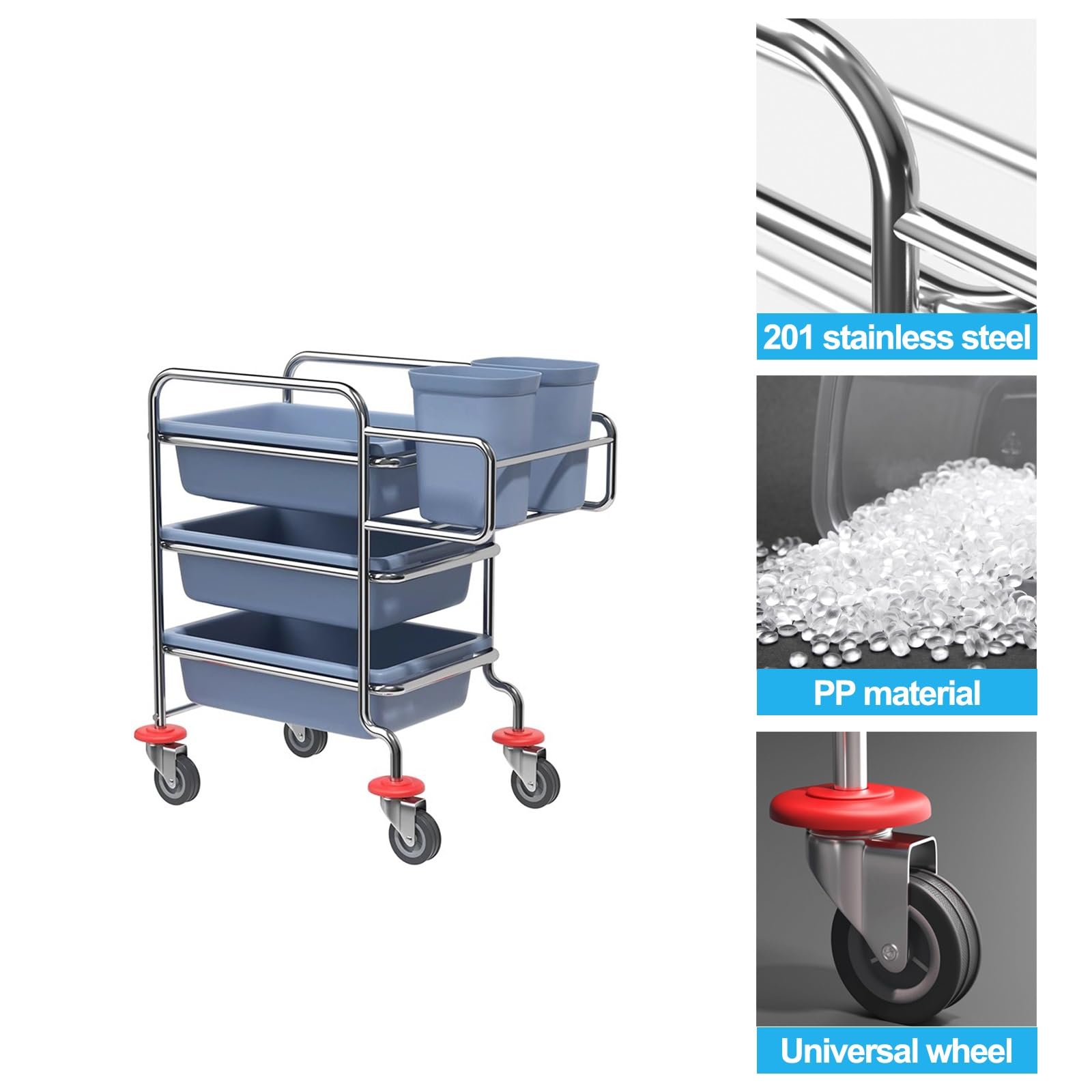 Carrito de metal para recoger platos, carrito de recogida de placas de empuje de acero inoxidable, carrito de cocina rodante para escuelas, restaurantes, hoteles