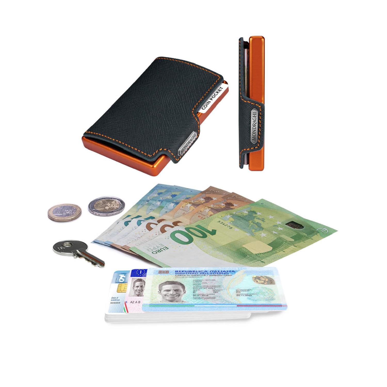 MONDRAGHI Saffiano Plus Blue - Mini Portafoglio Donna Slim con Protezione RFID | Pelle Saffiano Antigraffio | Portamonete Integrato Elegante Blu
