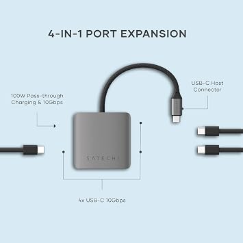 Satechi USB-C Hub: 4-in-1 with 100W Pass-Through & 10Gbps USB 3.2 for MacBook, iPad, Surface, Chromebook & More
