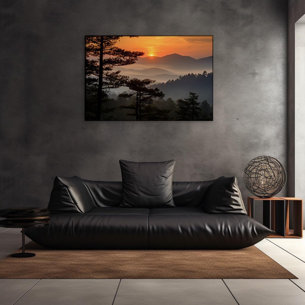 Canvas for Living room. Dawn�s Embrace: Awakening Hues and Silhouetted Evergreens Over Mountain Majesty, 27 x 18 inch Canvas Wall Art - Contemporary Masterpieces - Modern Home Decor