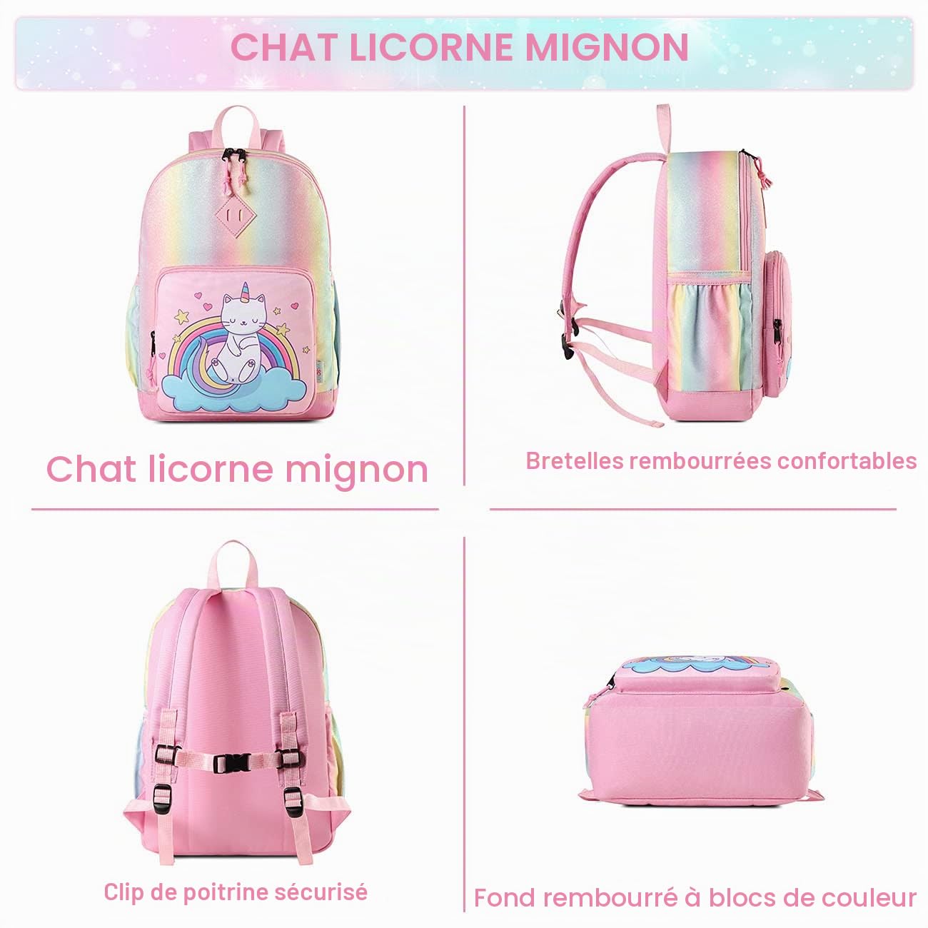 Sac à Dos Enfant, VASCHY Cartable Filles Primaire 4-6 Ans Léger Brillant Imperméable Sac a Dos Licorne Mignon pour A4 Dossier Maternelle École avec Sangle de Poitrine