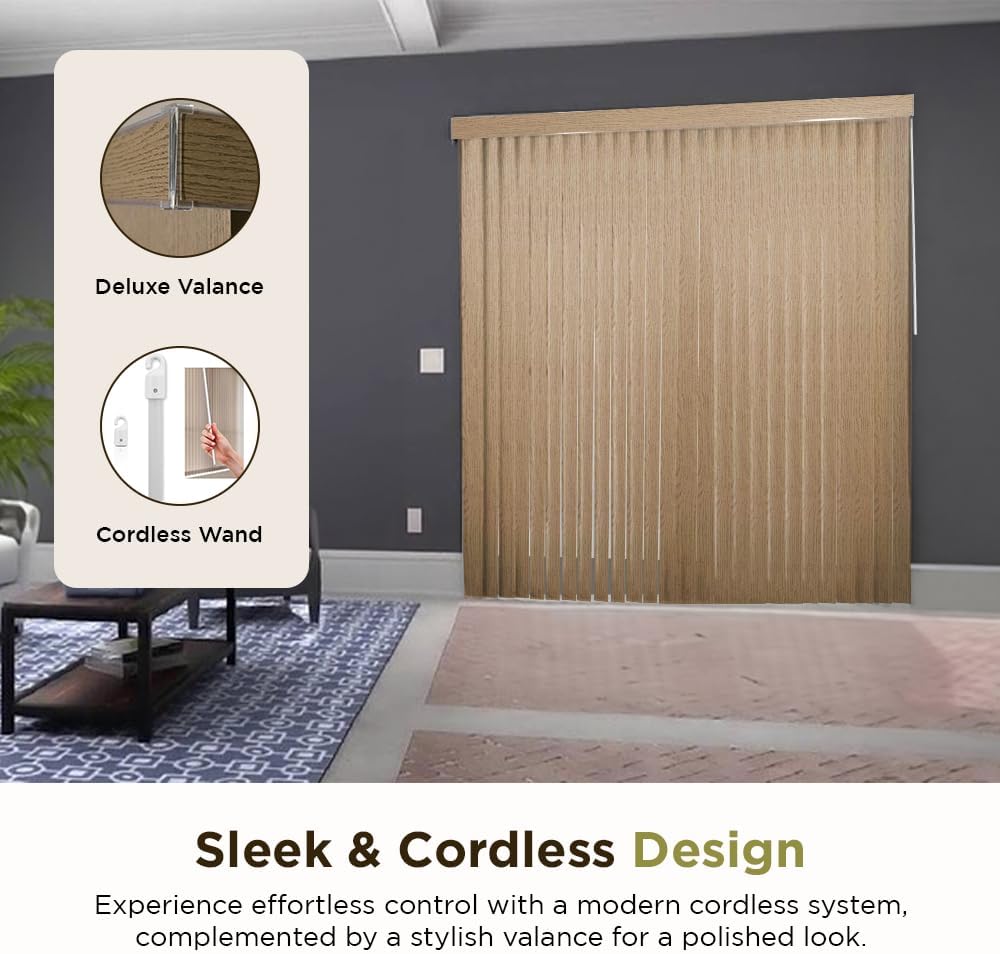 BlindDen - Vinyl Vertical Window Blinds for Home - Vertical Blinds for Sliding Glass Doors - Wood-Look Oak, 76" Wide x 84" Long Cordless
