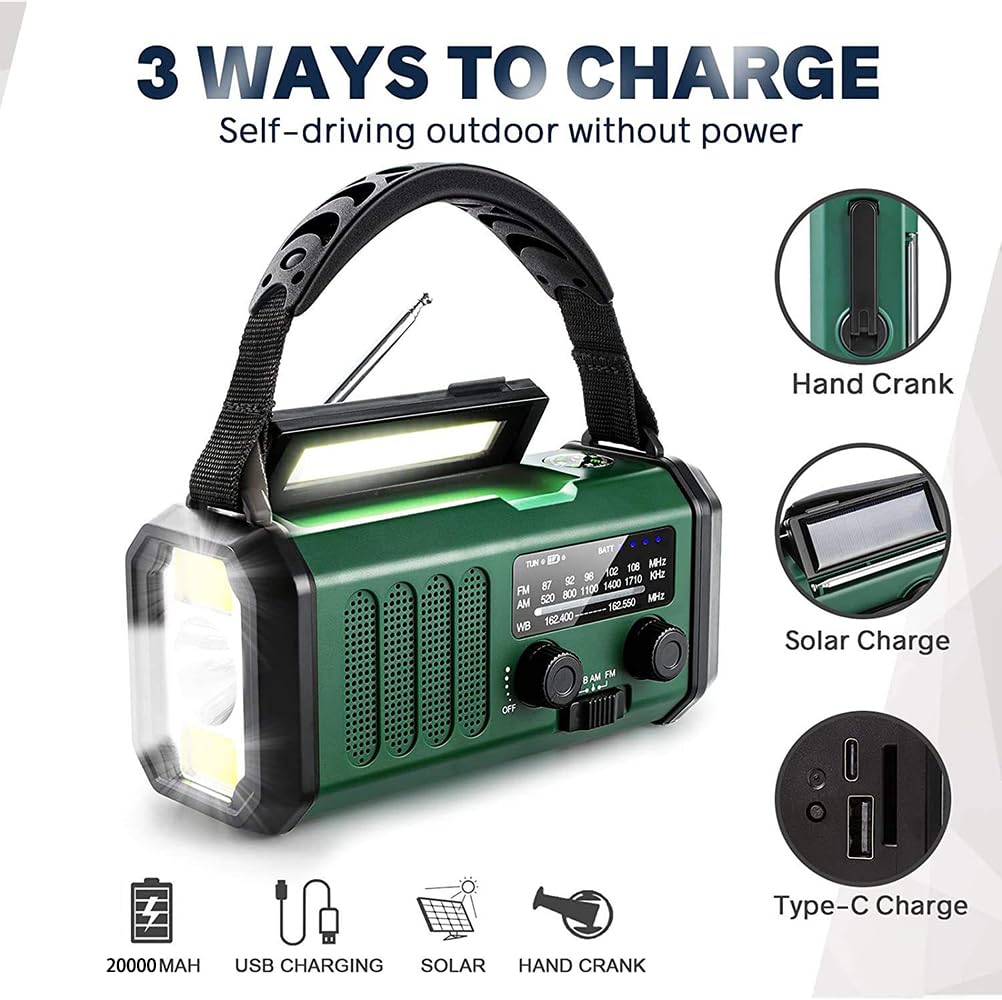 Radio Météo d'urgence Batterie Portable 20000mAh avec Alarme SOS Manivelle Radio solaires AM/FM,Lampe de Lecture,Lampe de Poche,Boussole pour l'extérieur,Chargeur pour Smartphones