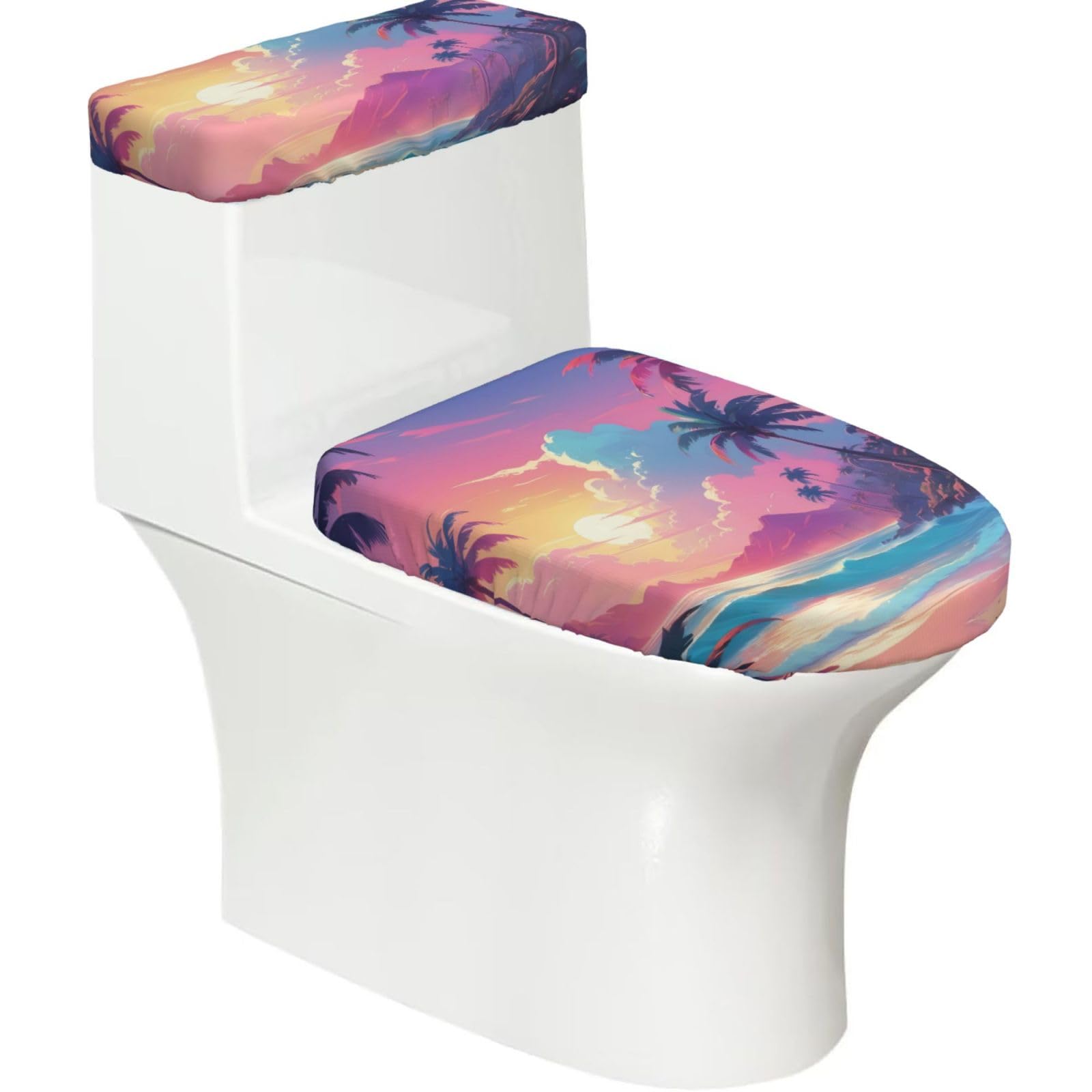 Wzycwb Black Retro Wave Palm 2-Piece Toilet Seat Cover Set With Tank Lid, Elastic Fit For U-Shape & Elongated Toilets, Bathroom Decor, Housewarming Gift