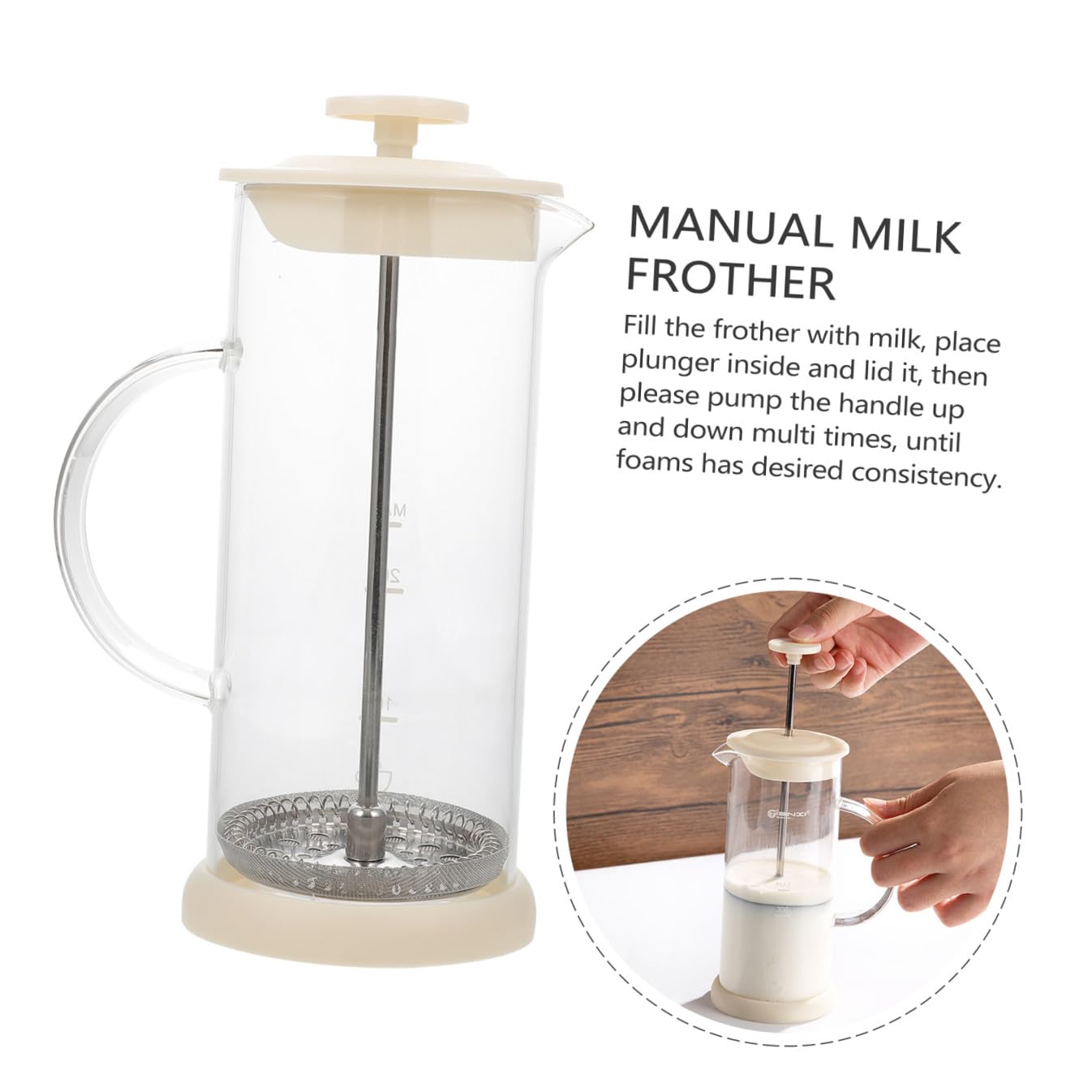 Montalatte Manuale per Latte Casalingo in Acciaio Inossidabile e Vetro, Miscelatore per Latte Cappuccino Pompa Manuale, Strumento per Schiumatura Cremosa di Caffè e Bevande Calde