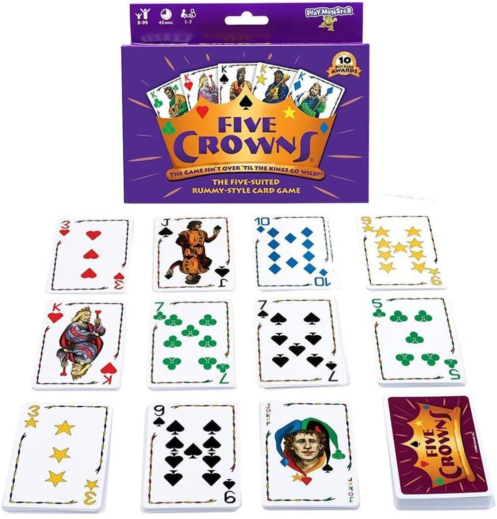 PlayMonster PlayMonster Five Crowns — The Game Isn't Over Until The Kings Go Wild! — 5 Suited Rummy-Style Card Game — for Ages 8+, Bilingual Version in use
