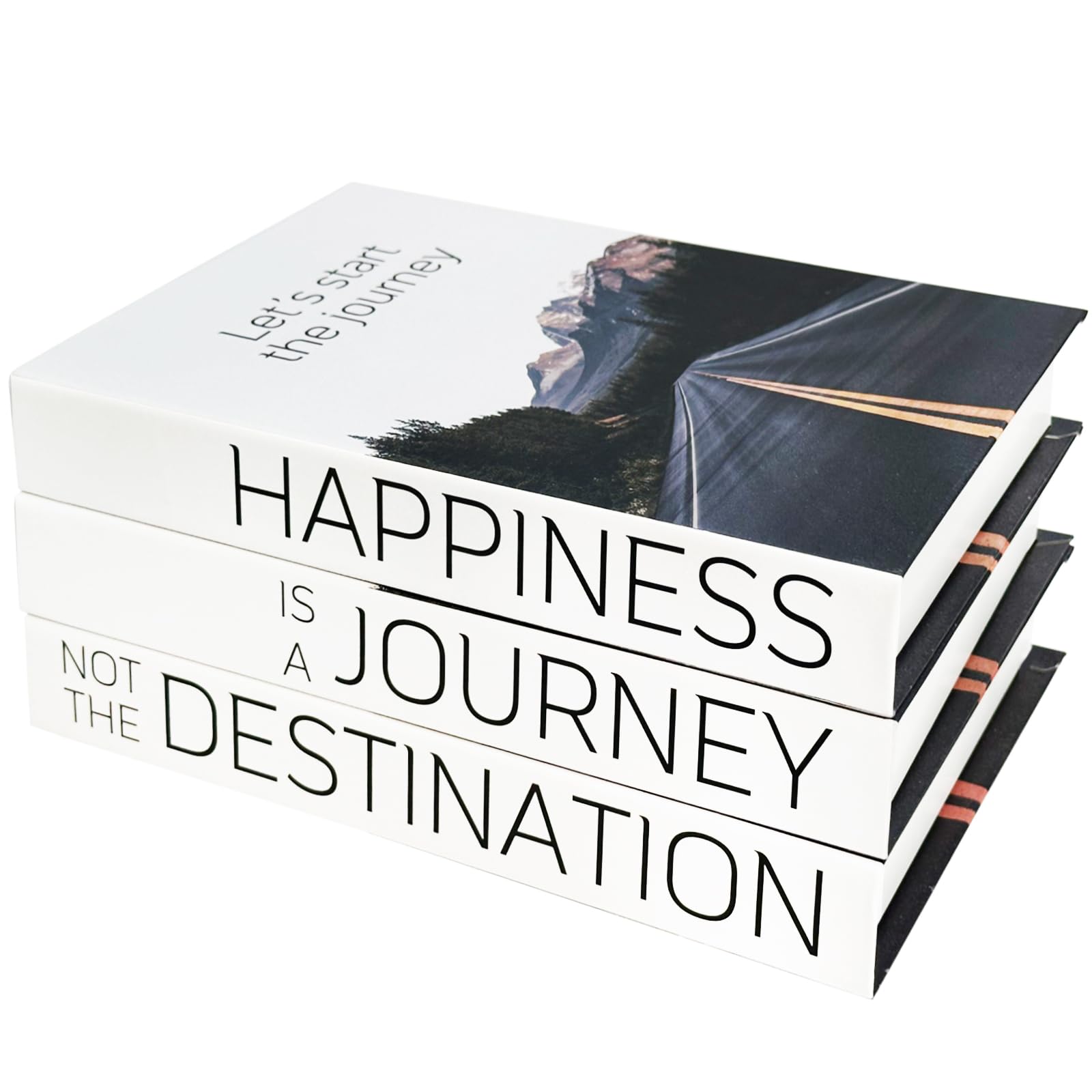 LUKAKY Set of 3 Faux Decorative Books for Home Decor - Coffee Table Book Decor, Hardcover Display Books for Bookshelf – Happiness Is A Journey Design-image-24