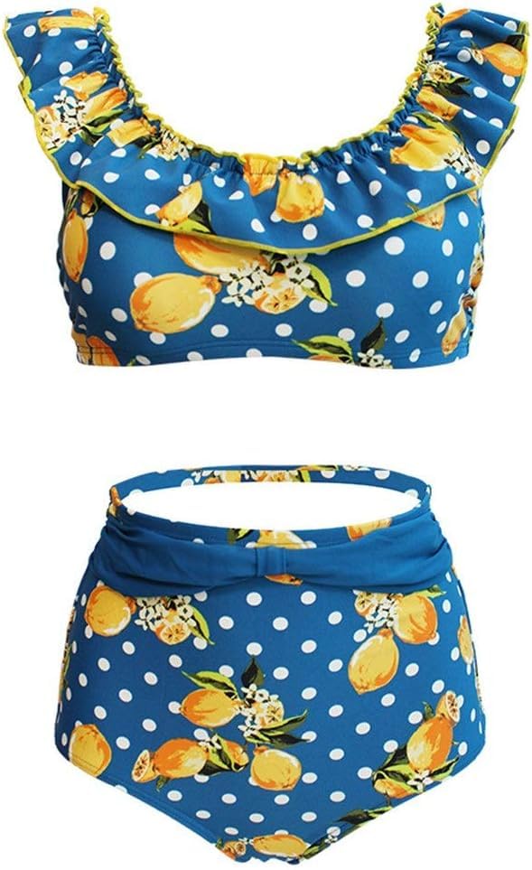 Bikini maillot de bain deux pièces premium taille haute bleu à motif tropical