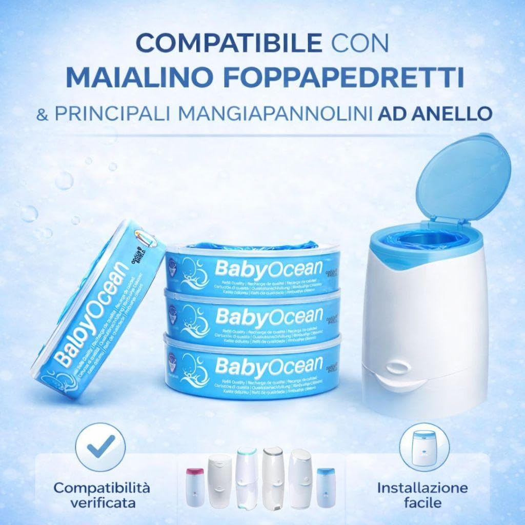 Sacchetti Profumati BabyOcean Ricarica Compatibile Angelcare Foppapedretti Litter Locker II, Multi-strato Anti Odore, 8 Pezzi