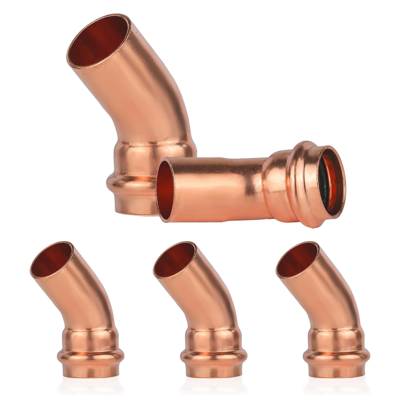 (Paquete de 5) Conectores de Codo de Calle GUOFIS Copper Press LF, Codo de 45 Grados de Ajuste a presión de 1" FTG x 1" para conexión de tubería de Cobre (PRESS039)