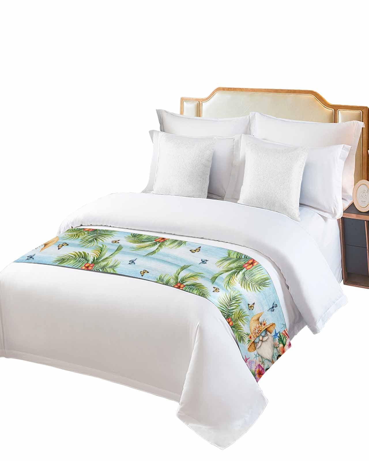 Jolunifun Coastal Tropical Bed Runner Scarf for Cal King Size Bed Foot,Decorative Bedding Accessory Stainproof & Dustproof Soft Protector for Bedroom Palm Tree Starfish Shell Flower Gnomes 102