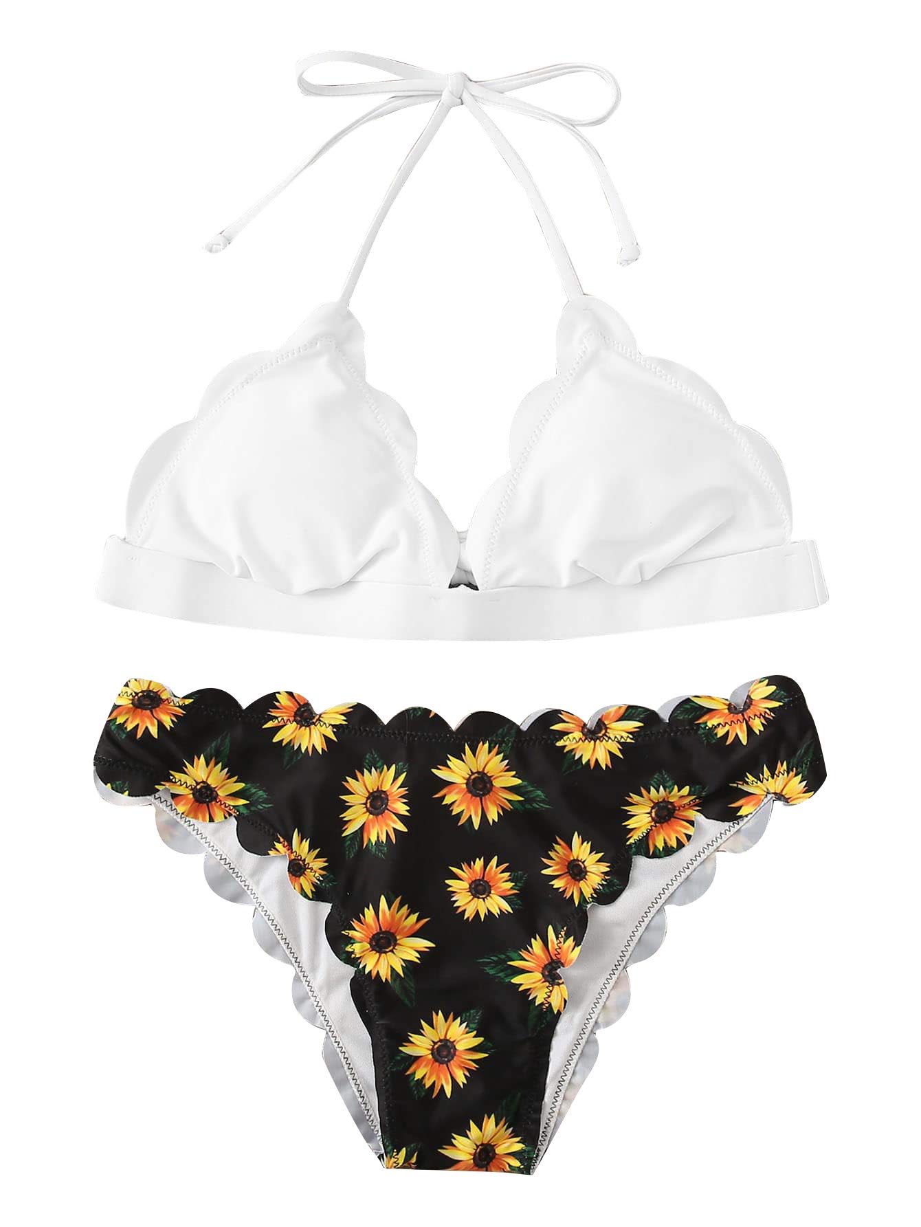 SweatyRocks Women's Sexy Bathing Suits Scallop Halter Bikini Top Floral Print Two Piece Swimsuits