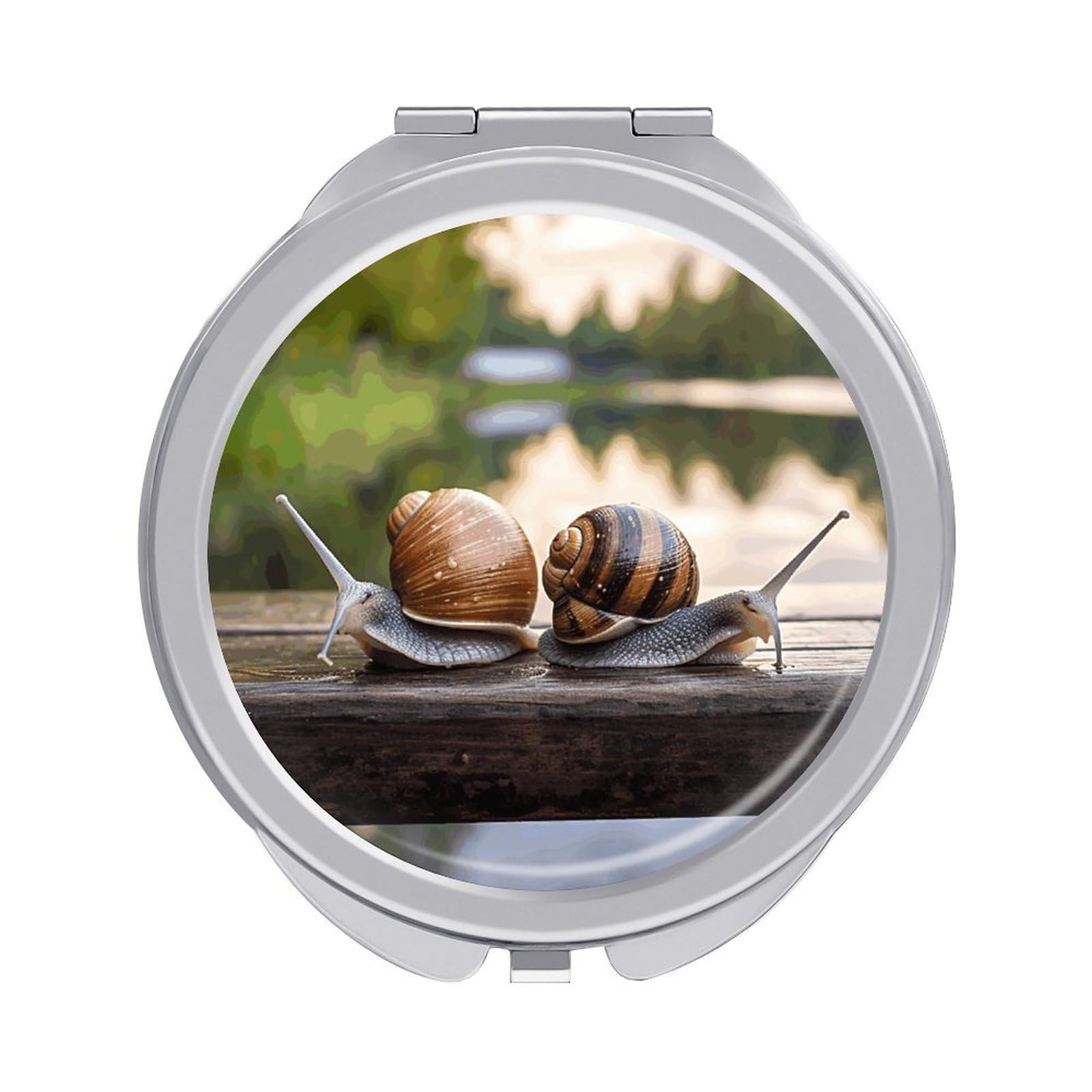 JTREHY Two Snails on The Bench Makeup Mirror Silver Mirror Surface Folding Makeups Mirrors Lightweight Durable Looking Glass for Suitable Traveling Handbag and Purses
