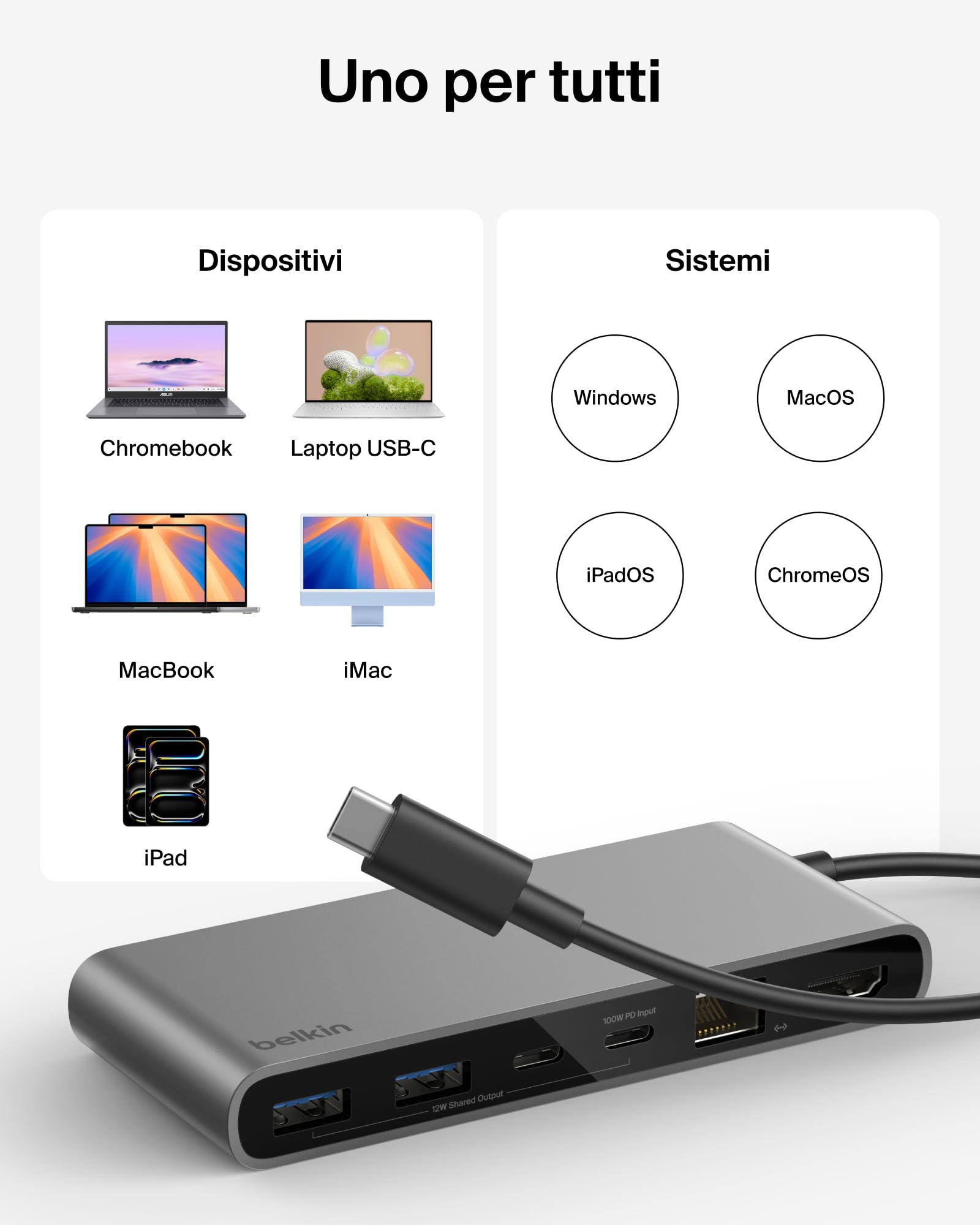 Belkin Connect Hub USB C a 8 Porte, Supporta Display con Risoluzioni Fino a 4K a 60 Hz, Funziona con Mac, Windows e Chromebook, 100W PD con Trasferimenti dati di 10Gbps ed Ethernet 2,5 Gbps - Grigio