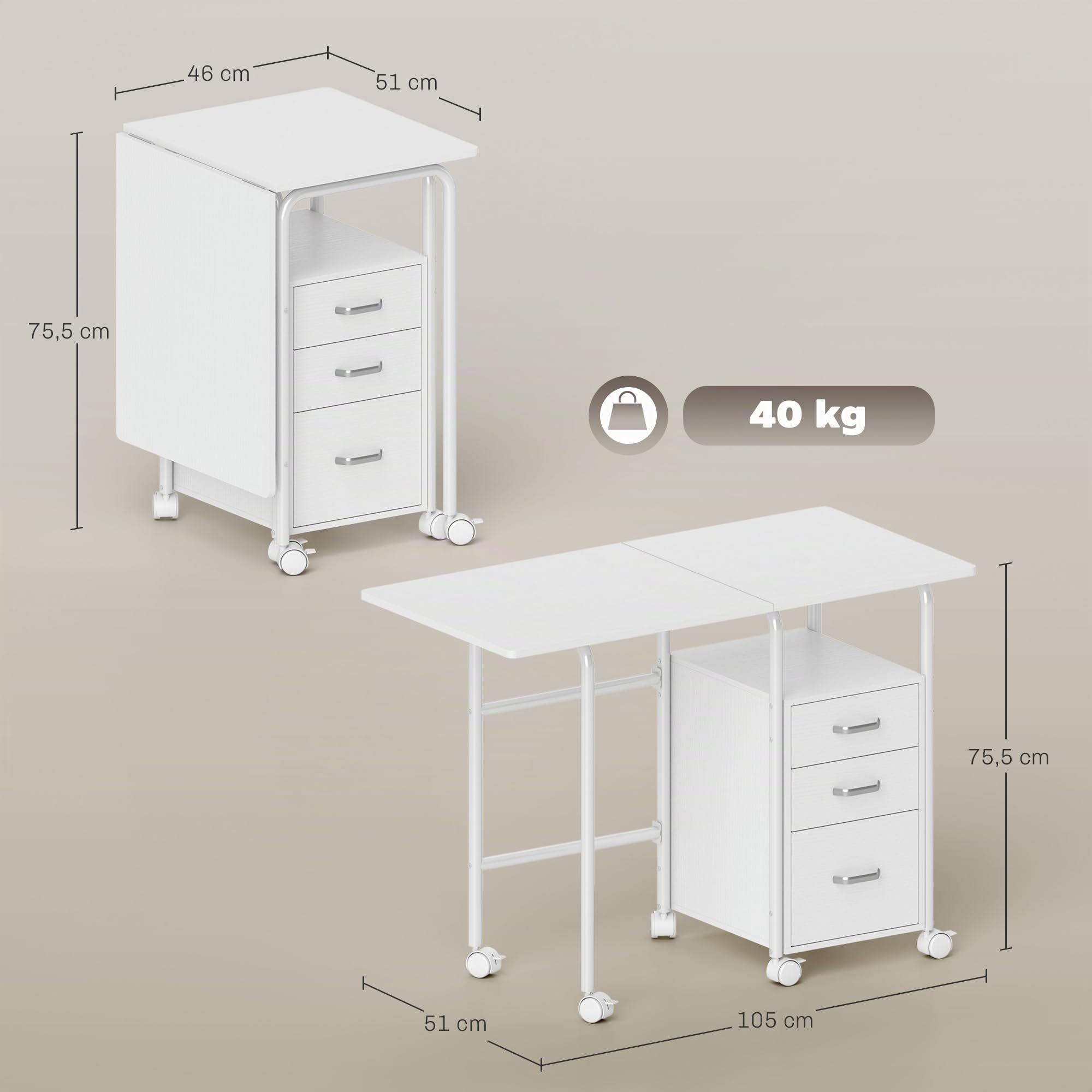 HOMCOM Escritorio Plegable con Ruedas y 3 cajones 105x51x75,5 cm Blanco | Escritorio para ordenador, sobre extensible, estructura de acero, para teletrabajo, dormitorio, estudio, estilo moderno.