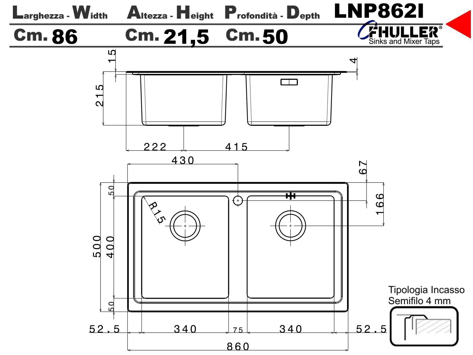Lavello Fhuller - da Incasso Semifilo 2 Vasche 86x50 cm – Acciaio Inox Spazzolato, Design Moderno con Piletta in Acciaio – Resistente, Igienico e Facile da Pulire – Foro Incasso 840x480 mm
