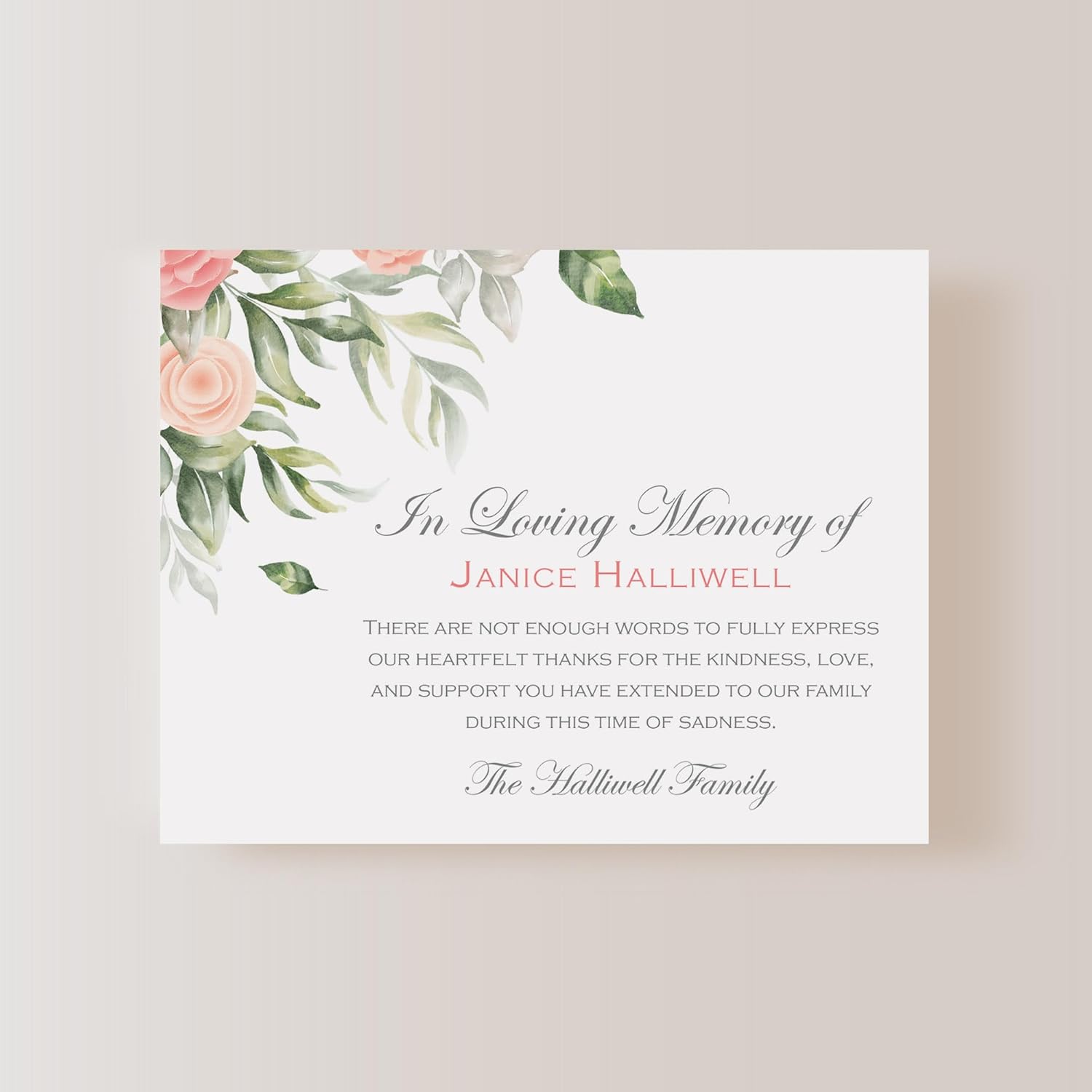 In Loving Memory Personalized Funeral Thank You Cards, 5.5x4.25 Greenery and Floral Sympathy Acknowledgement Flat Notecards