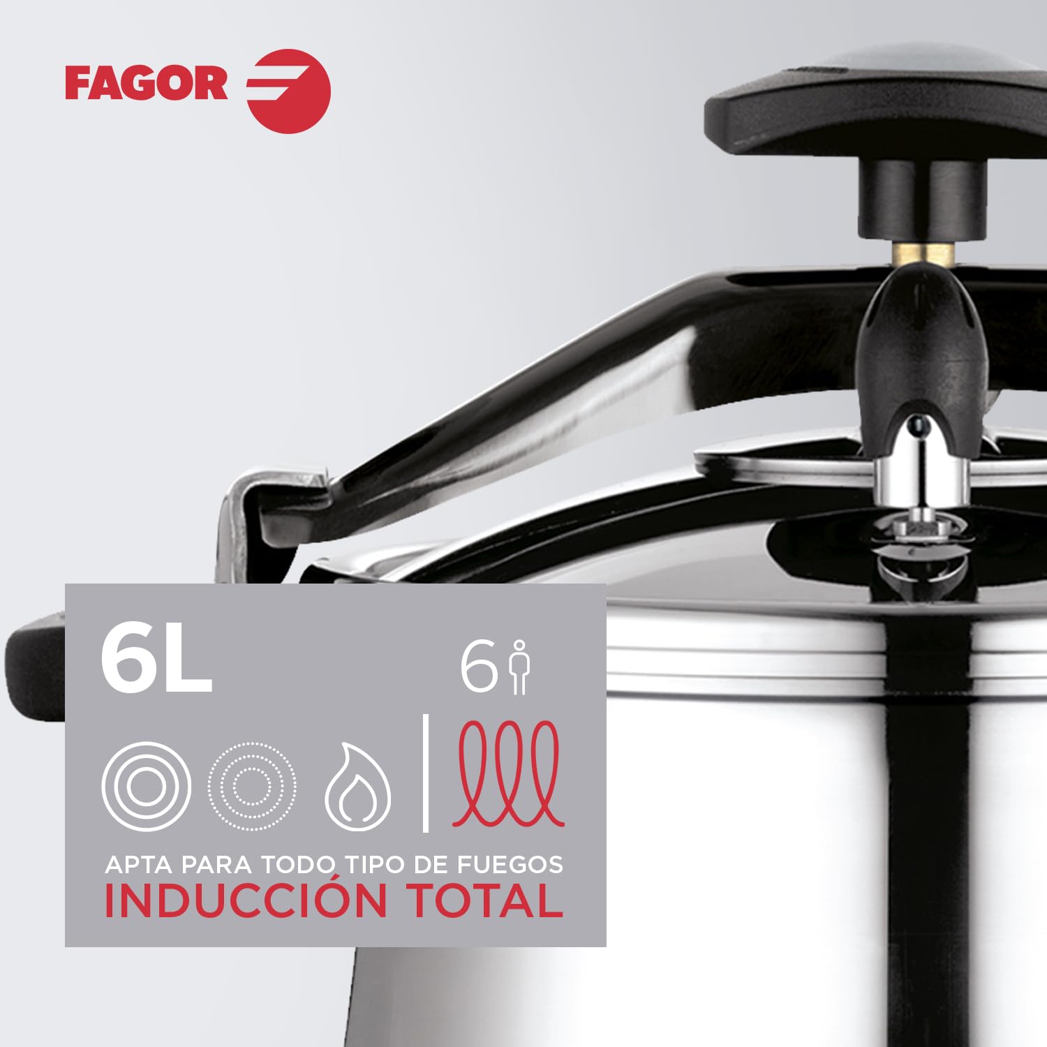 Fagor Clasica - Olla Express Rápida Tradicional 6L, Acero Inoxidable 18/10, Todo Tipo de Cocinas, Inducción, Mango Ergonómico, Fondo Termo-Difusor