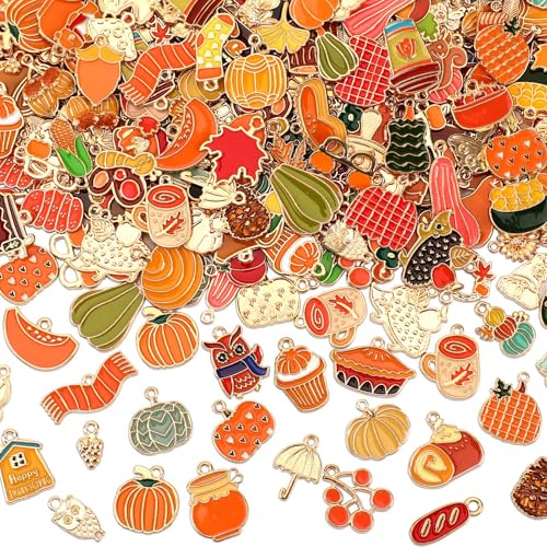 SANNIX 350pc Fall Charms, Thanksgiving Enamel Pumpkin Maple Leaf Turkey