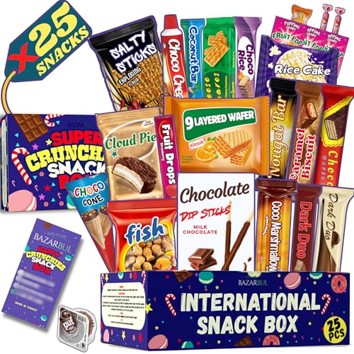 BAZARBUL International Snack Box, 25+ Global Snacks and Treats, Universal Snacking Experience Gift Box for Adults, Teens and Kids (Maxi, 25, Count)