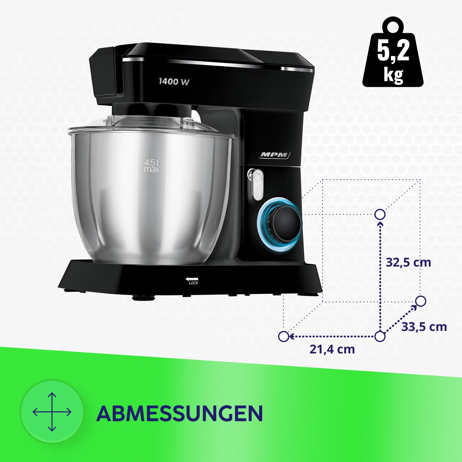 MPM Planetarische Küchenmaschine MRK-24 - Multifunktional Mixer Küche 4,5l - Küchengeräte Vielseitig Einsetzbar 1400W - Zwei Schüsseln - Drei Austauschbare Rührbesen