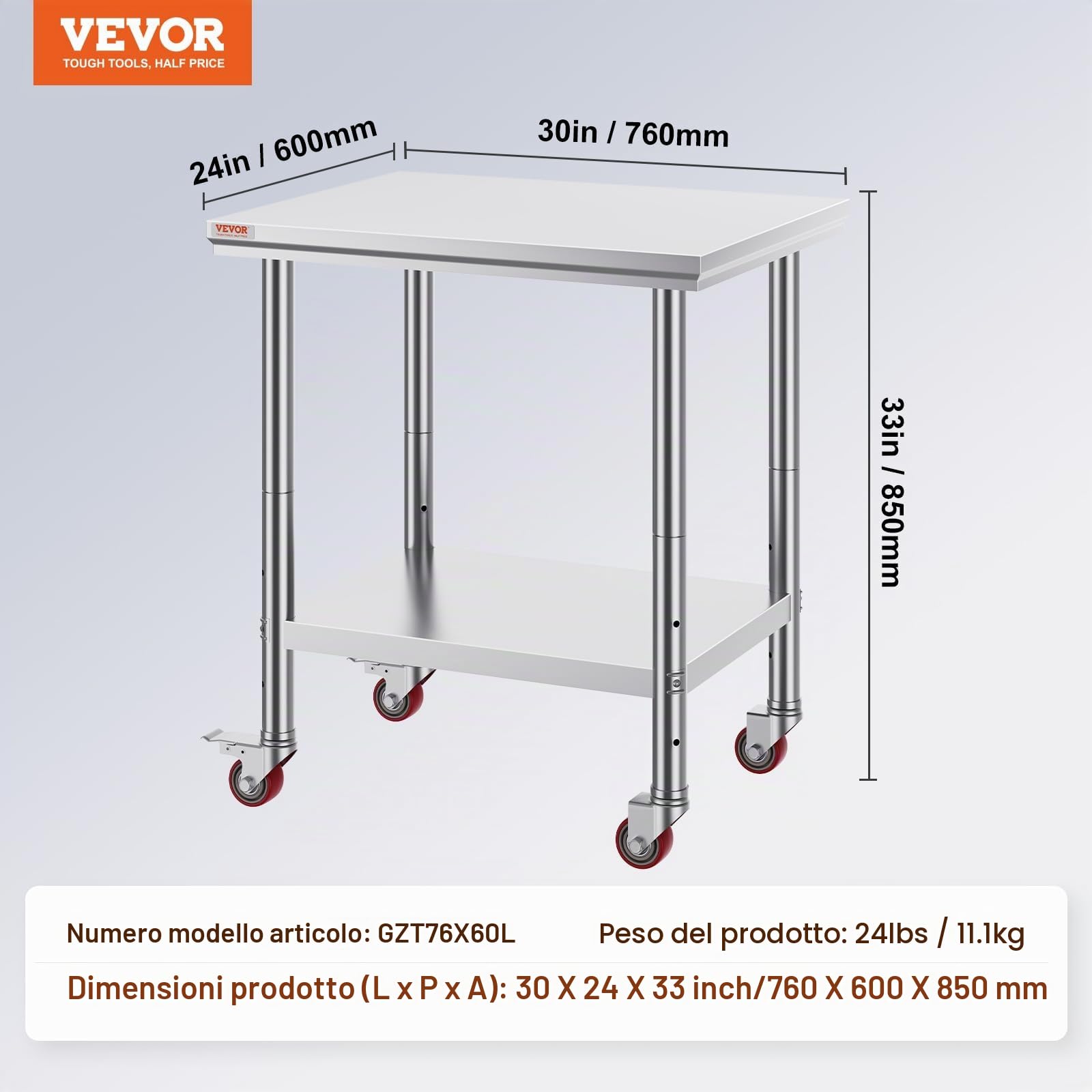 VEVOR Tavolo da Lavoro in Acciaio Inossidabile 76 x 60 x 85 cm, con 4 ruote, banco da lavoro commerciale per la preparazione degli alimenti con ripiano flessibile di regolazione per tavolo da cucina