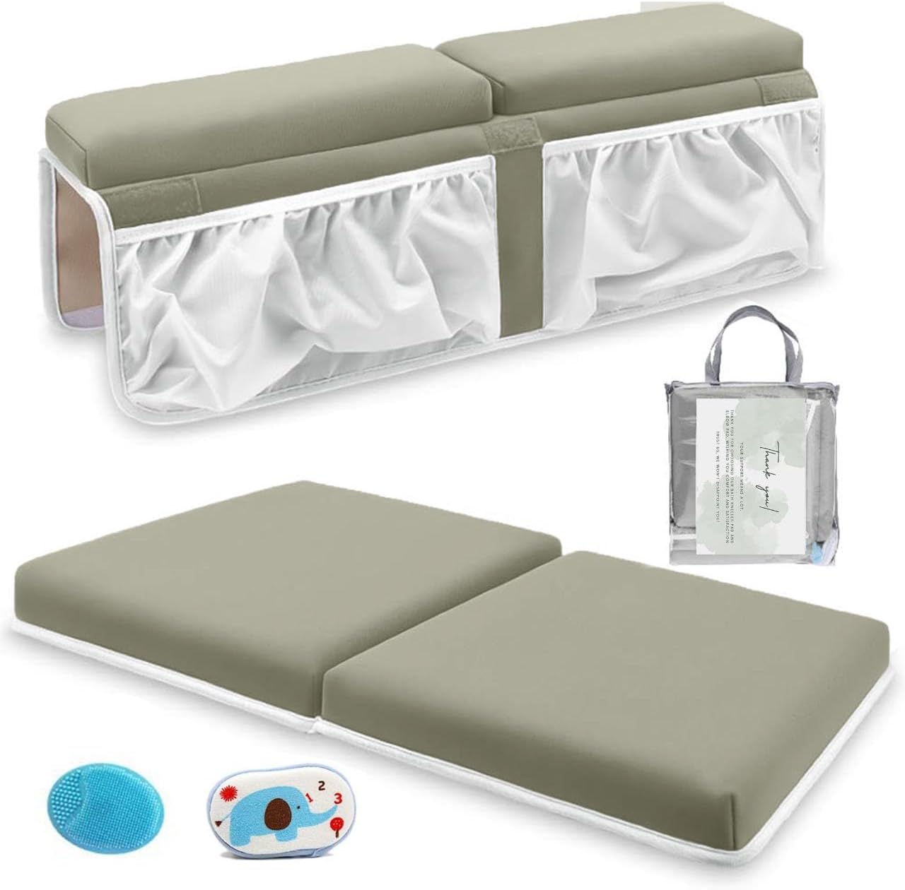 2 inch Thickest Baby Bath Kneeler and Elbow Rest Pad Set with Sponge, Scrub & Bag | Non-Slip & Quick Drying Knee and Elbow Mat for Baby Bath with 4 Pockets & 8 Suction Cups for Grip