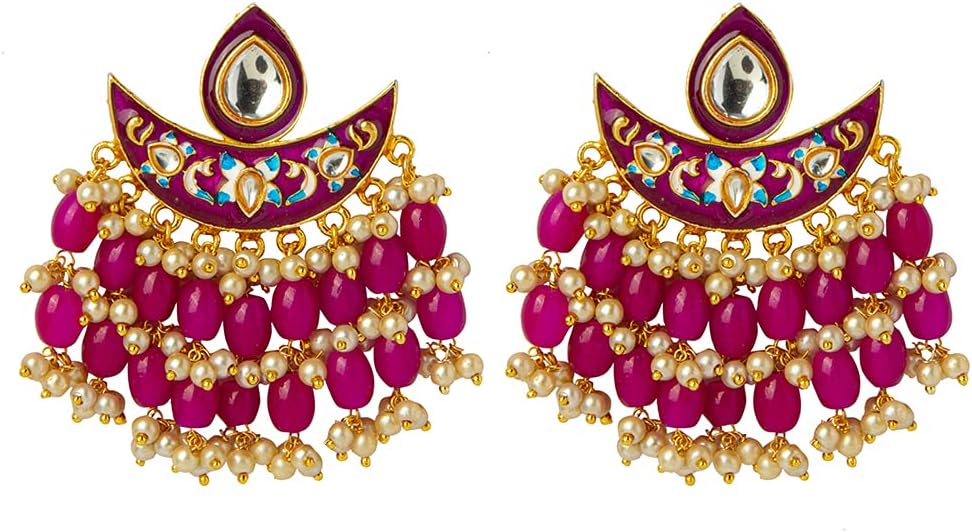 Bodha Traditional Indian Handcrafted Gold Plated Designer Traditional Ethnic Meenakari Kundan Chandbali Earrings Women
