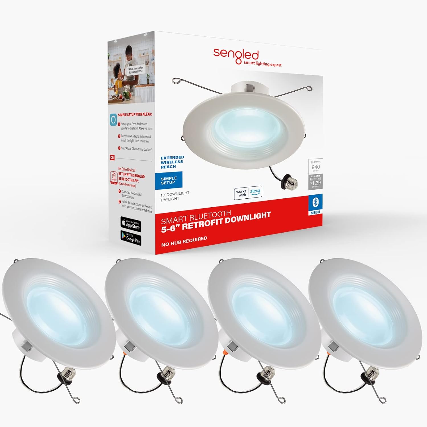 Sengled Smart Recessed Lighting, 5/6 inch, S1 Auto Pairing with Alexa Devices, Led Lights, Smart Can Lights Retrofit Work with Alexa, Smart LED Downlight, ‎Daylight 5000K, Conversion Kit, 4-Pack