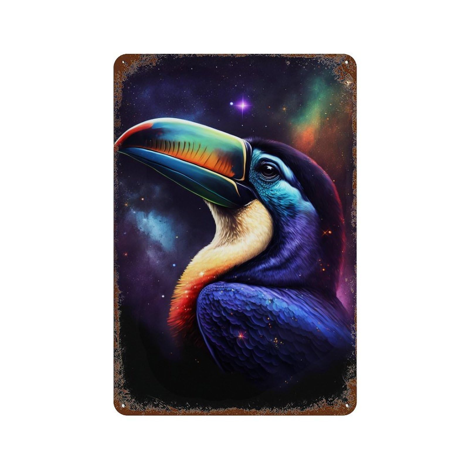 Rust Effect Cosmic Toucan Art Print Rusty Metal Tin Sign 11.8"x7.9", Industrial Home Decor for Living Room, Hallway And Home Decor