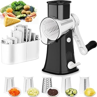 Rotary Cheese Grater Shredder 5-in-1 Tumbling Box Mandoline Vegetable Julienne Slicer Waffle Cutter Nut Chopper, Black