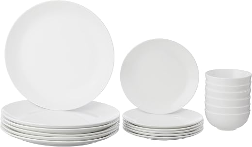 Amazon Brand - Solimo Ceramic 18 Piece Classic Solid Dinner Set | 6 Dinner Plates, 6 Quarter Plates, 6 Serving Bowls, White