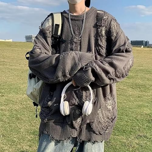 Men's Distressed Sweater Long Sleeve Ripped Round Neck Tops Vintage Streetwear Pullovers with Double Layered4