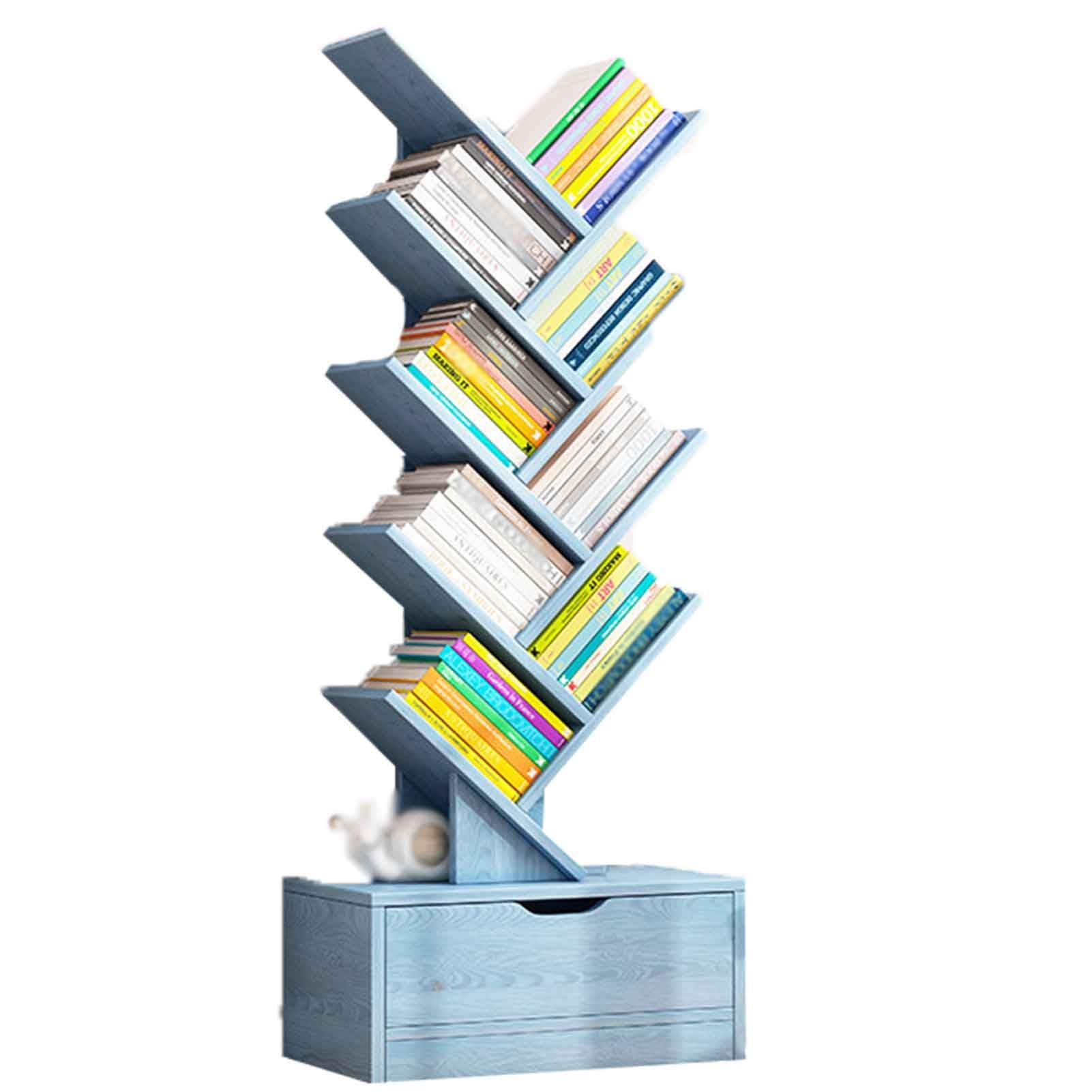 Tree Shape Solid Wooden Bookshelf Cabinet Modern Light Luxury Home Bookshelf Creative Floor Bookcase Cabinet Living Room Bedroom Office With Drawer Bookshelf (Color : Blue)