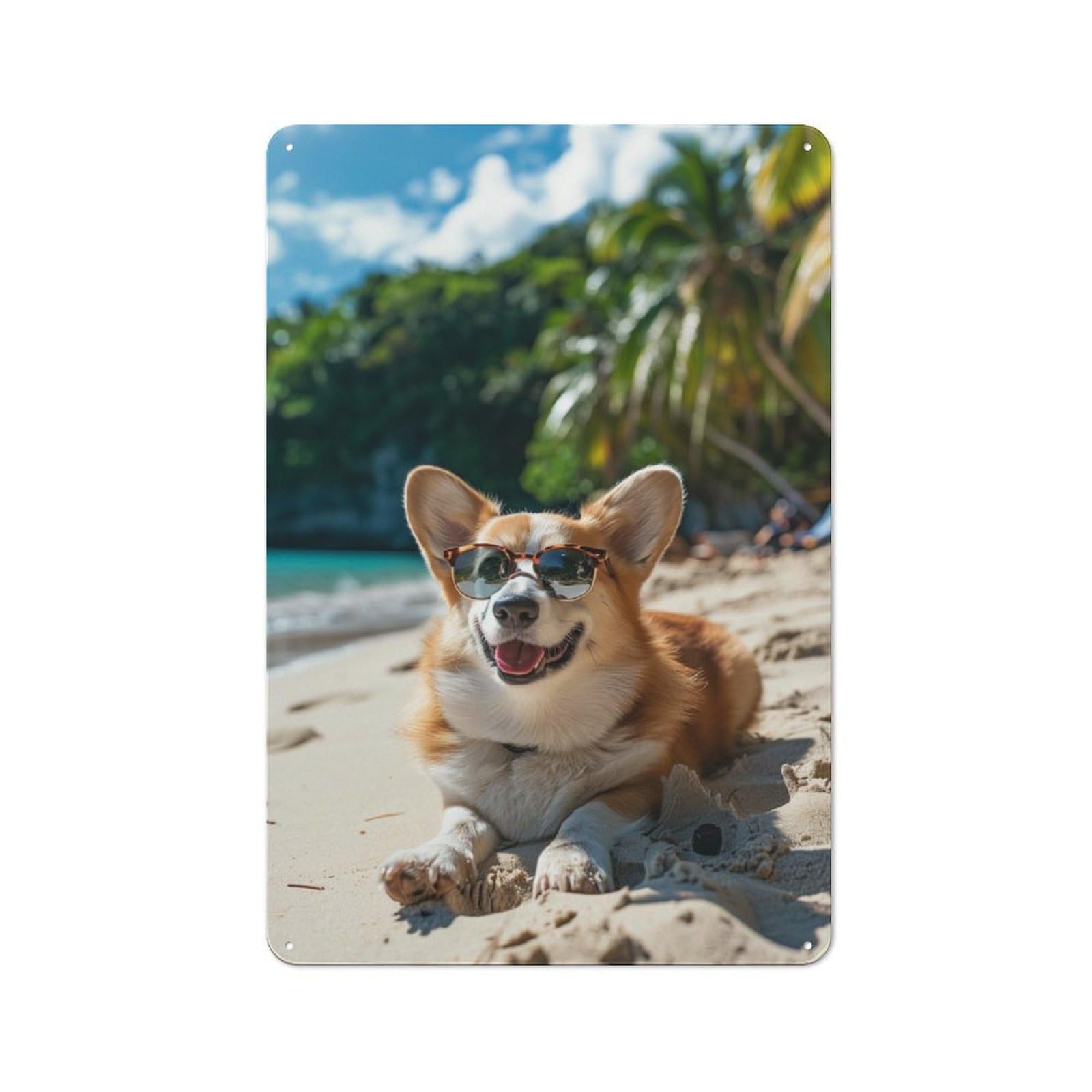 Junmoney Happy Welsh Corgi Beach Printed Metal Sign 30X20cm For Garage Wall, For Living Room And Hallway Decor, For Home Office And Studio Walls
