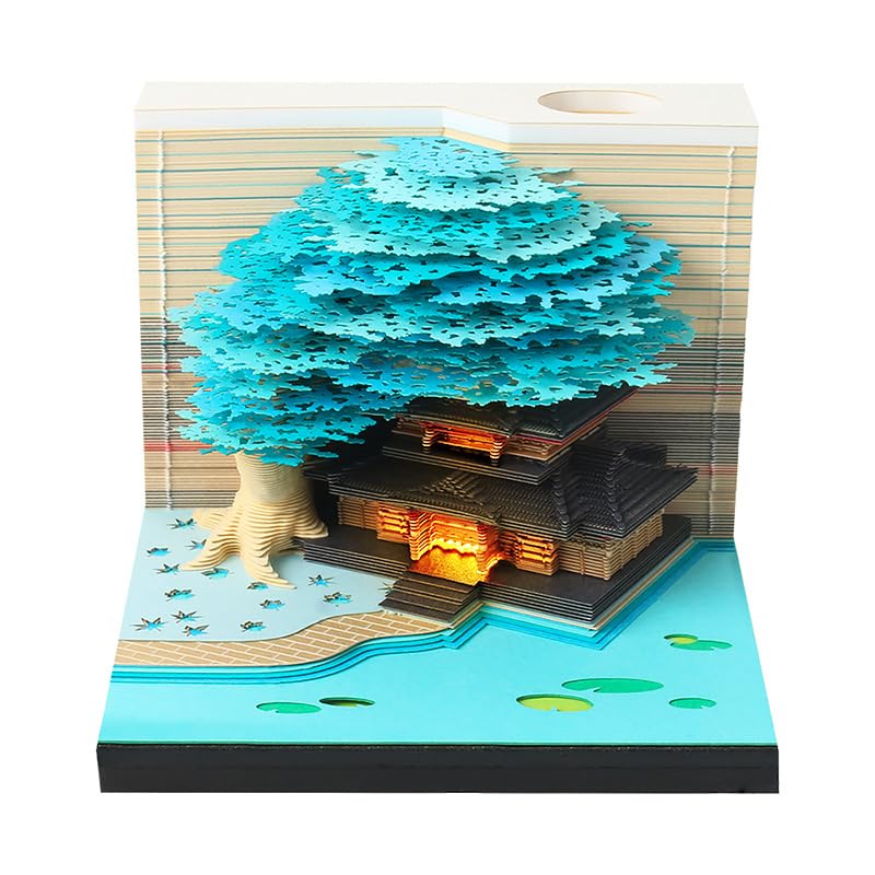 2025 Tree Desk Calendar with LED Lights 3D Memo Pad DIY Notes Notepad, 3D Art Calendar Paper Carving Gift House Sculpture Gift for School Home Office