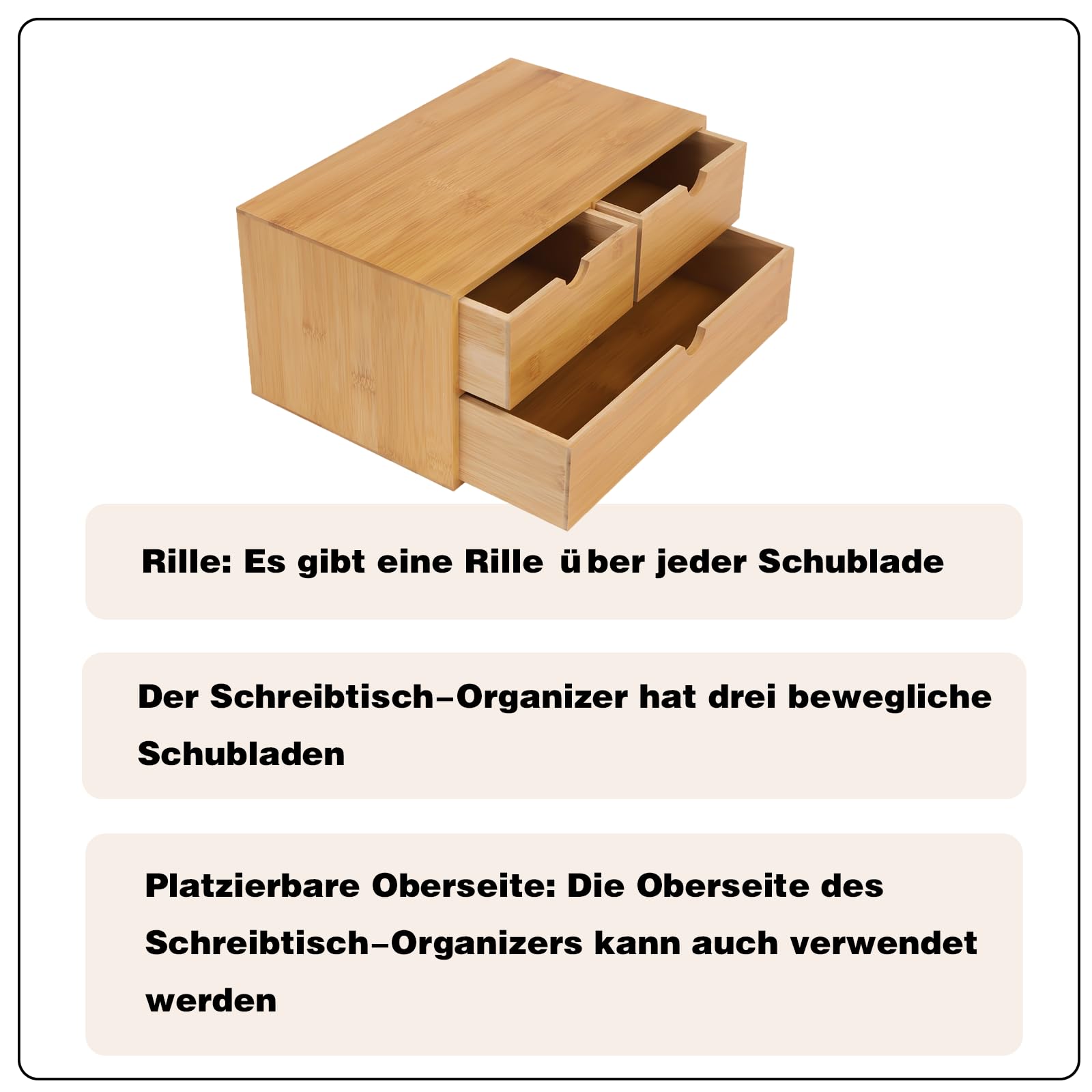 Organizer da scrivania in bambù, organizer da tavolo in legno, con 3 cassetti, portapenne, organizer da scrivania, organizer in bambù, per utensili da ufficio, collezioni di cosmetici e casa